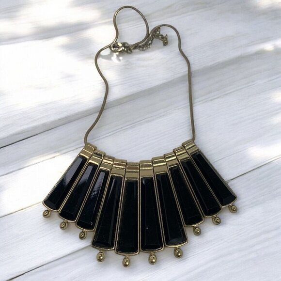 Vintage Bib Necklace With Black & Gold Fan Pendant Gold Tone Snake Chain 18"L+3" - Picture 5 of 5